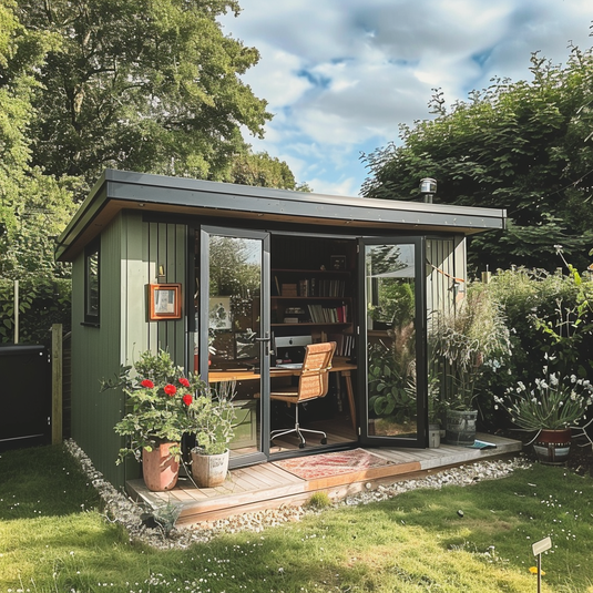 Wooden shed sitting on top of plastic grid shed base foundations