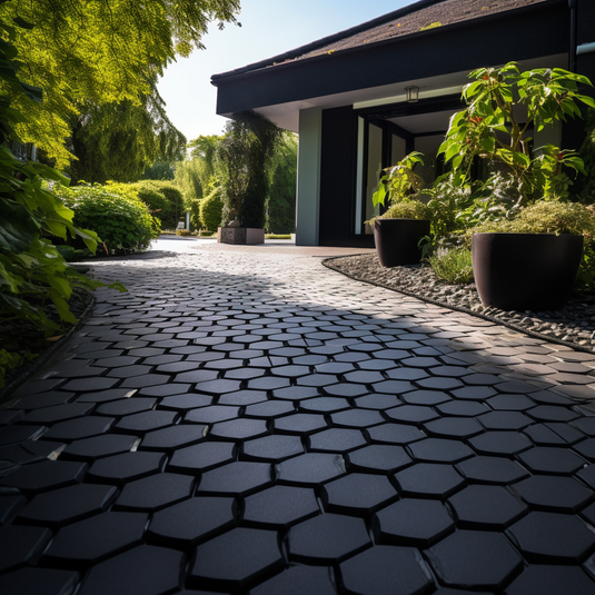 Permeable driveway made with IBRAN-H hexagonal, domed cobble slabs