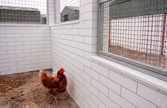 Hose-down poultry enclosure made of plastic building blocks