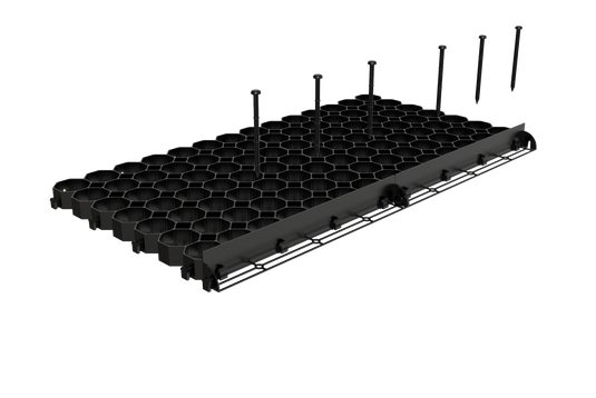Lawn edging strip connected to a grass grid to divide surfaces