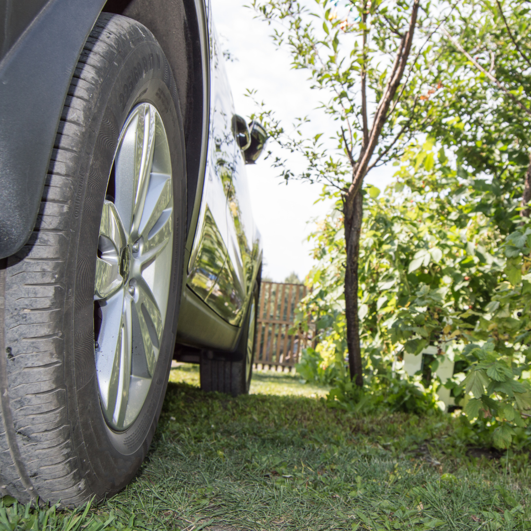 IBRAN-X turf mesh grid for reinforcing grass driveways, car parked on top