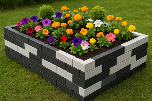 Garden flower bed built from PolyBrick blocks with flat rectangular tops